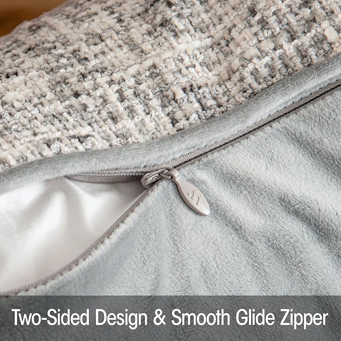 a moment Grey Reversible Pillow Covers 2 Pack - Farmhouse Chenille Throw Pillows, Neutral Textured Decorative Throw Pillow Covers with Border for Couch Sofa Bed (20x20 Inch, No Insert)