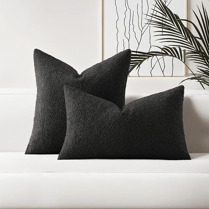 HAUSSY Set of 2 24x24 Decorative Throw Pillow Covers, Soft Cozy European Pillow Shams Textured Boucle, Home Decor for Couch Bed Living Room, Black