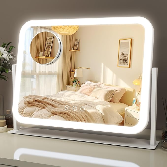 ROLOVE Lighted Makeup Mirror, 17"x13" Vanity Mirror with Lights, 10X Magnification, Gifts for Women, 3 Color Lighting Modes, Smart Touch Control, 360° Rotation for Bedroom or Tabletop (White)