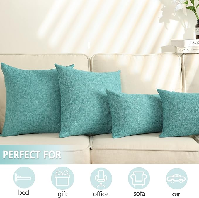 Stellhome Burlap Throw Pillow Covers Textured Farmhouse Pillowcase 20x20 inch Decorative Linen Cushion Covers for Bed Couch Sofa Bench, Set of 2, Blue Green