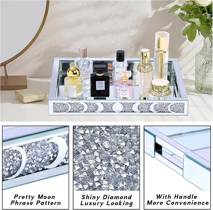 Crush Diamond Mirror Perfume Tray, Silver Glass Mirror Trays for Vanity, Table Trays Decorative, Moon Phase Pattern Vanity Trays for Bedroom Dresser Bathroom(15”x11”x2”)