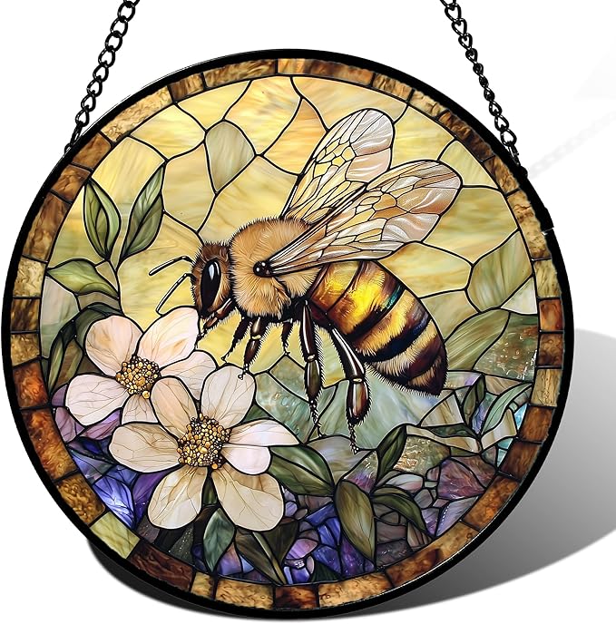 Stained Glass Window Hanging, Vintage Bee Yellow Flower Sun Catcher for Window Door Home Decor Suncatcher Christmas Mother's Day Birthday Gifts for Women Men Mom and Nana 11.8 in