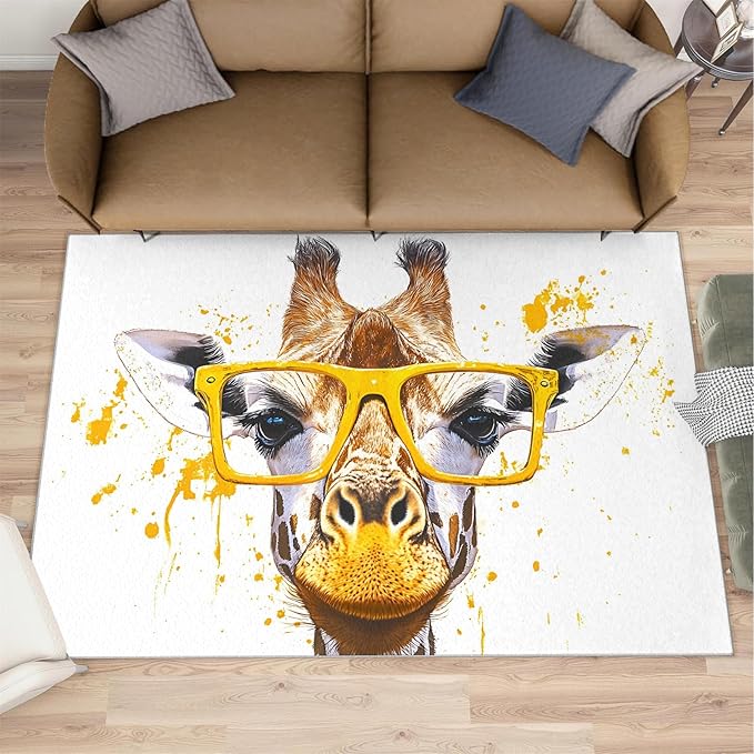 Giraffe 3x4 Area Rugs for Living Room, Funny Animals Washable Non Slip Rugs, Pop Art Low Pile Print Rug for Bedroom, Dining Room, Home Office