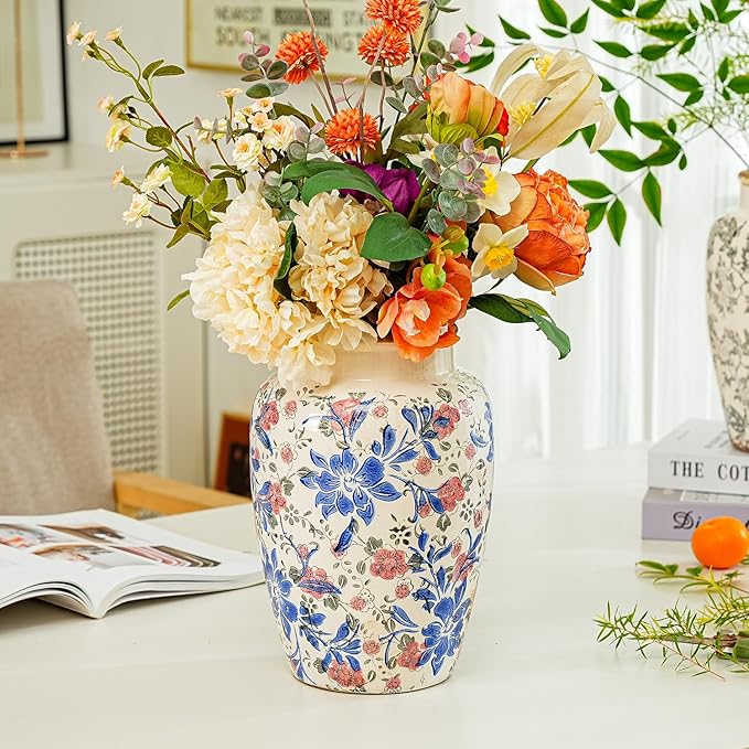 Sungmor Ceramic Flower Vase, Vintage Ice Cracked Glaze Porcelain Vase, Pretty Home Decor Vase for Flower Arrangement, Fresh Flowers, 10.2 Inch Tall Chinoiserie Pottery Vase, Blue Floral Pattern