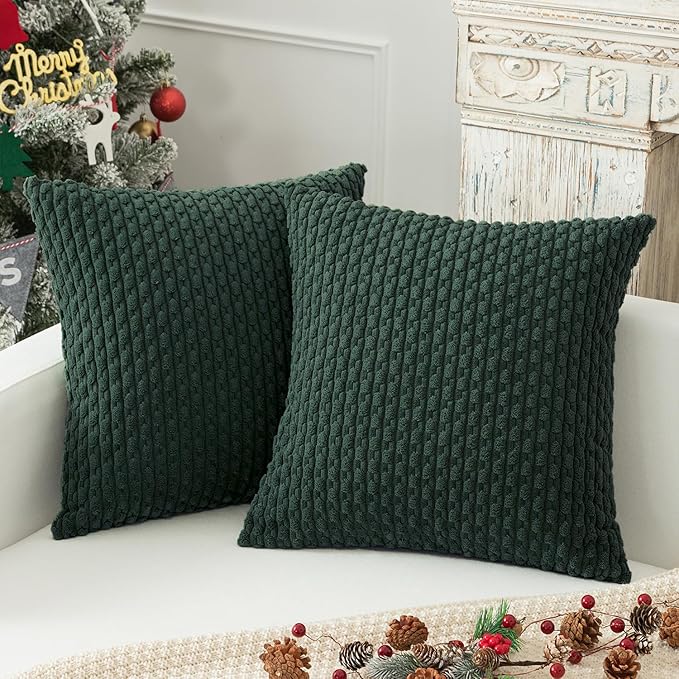 Kevin Textile Decorative Pillow Covers Set of 2 Striped Plush Corduroy Pillows Pillowcases Boho Home Decor Cushion Covers for Couch Sofa Bed Living Room 16x16 Inch, Army Green