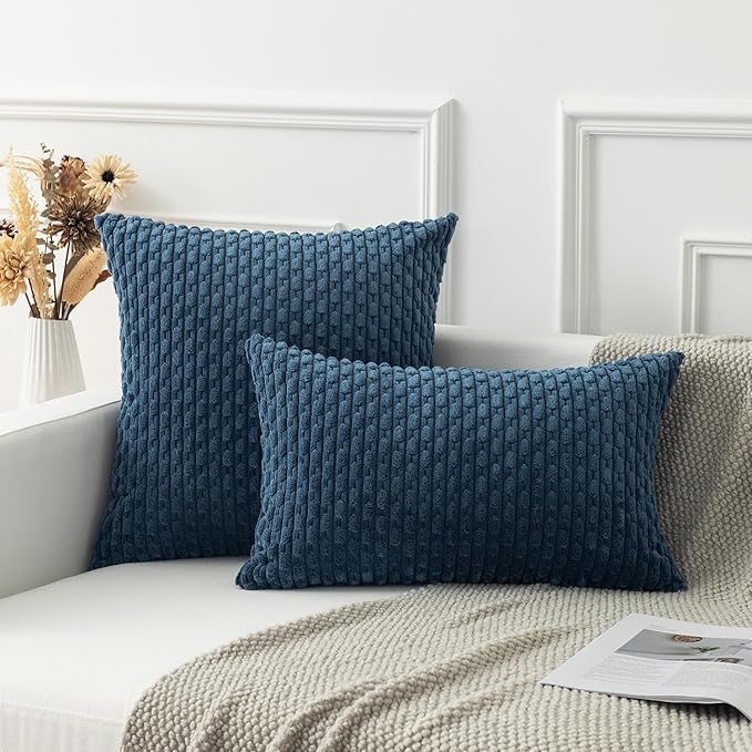 Kevin Textile 2 Packs Blue Decorative Throw Pillow Covers 22x22 Inch for Living Room Couch Bed Sofa Soft Striped Corduroy Square Cushion Case 55x55 cm Rustic Farmhouse Boho Home Decor