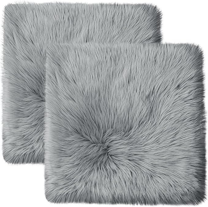 Softlife Grey Faux Fur Sheepskin Chair Cover 2 PCs Seat Cushion Pad Super Soft Area Rugs for Living Bedroom Sofa Dorm (1.6ft x 1.6ft)
