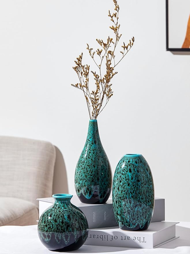 Ceramic Bud Vase Set, Fambe Blue Glazed Finish, Decorative Flower Vases (Blue-Set of 3)