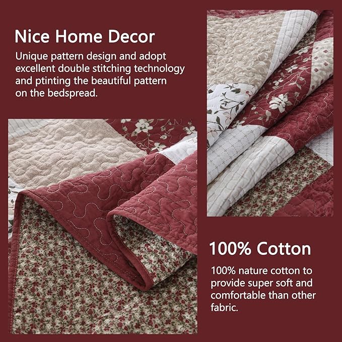 100% Cotton Oversized King Bedspread 120"x120" - Lightweight Vintage Country Quilt - 3 Piece California King Bedspreads Coverlet Set - Reversible Plaid Floral Bedding in Burgundy/Beige/Taupe/White