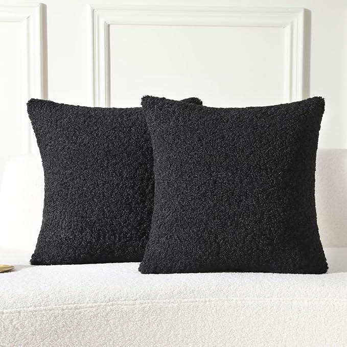 FUTEI Black Throw Pillow Covers 26x26 Inch Set of 2,Furry Faux Fur Teddy Boucle Textured Cushion Covers,Soft Fluffy Decorative Euro Pillow Shams,Home Decor for Couch Bed Living Room Office Car