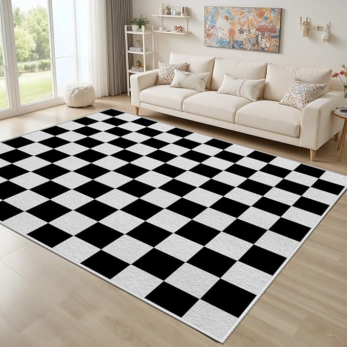 Black and White Checkered Rug for Living Room, 3x4 Area Rugs, Checkered Area Rug, Geometric Plaid Rugs, Geometrical Washable Non Slip Retro Carpet Home Floor Decor