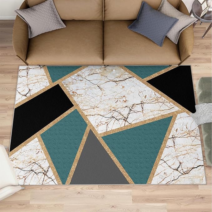 Emerald Green Marble Rug Modern Geometric Marble Area Rugs Light Luxury Geometric Striped Carpet Vintage Stone Crack Rug for Bedroom Living Room 5x6ft