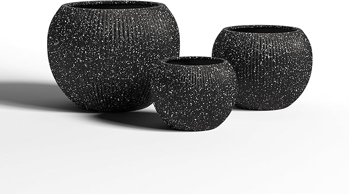 DTY Signature Mount Sherman Modern Indoor Outdoor Fiberstone Sphere Planter, Durable Round Garden Pot, Weather Resistant, Drainage Hole & Rubber Plug (Ribbed Black, Medium)