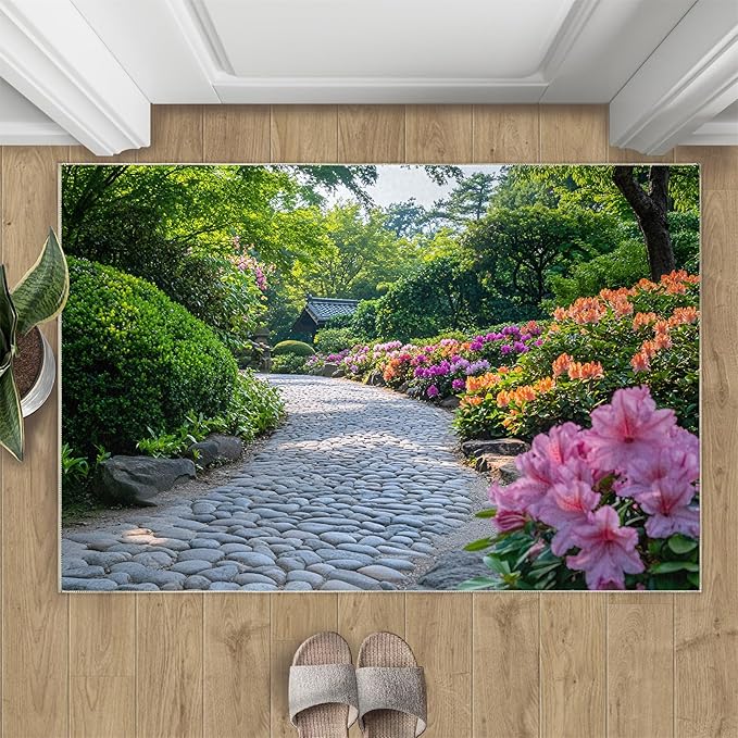 Japanese Gardens Washable Area Rugs 5x8 Non-Slip Garden Art Living Room Rug Eastern Aesthetics Soft for Carpet Low Pile Indoor Door Mat & Room Decor