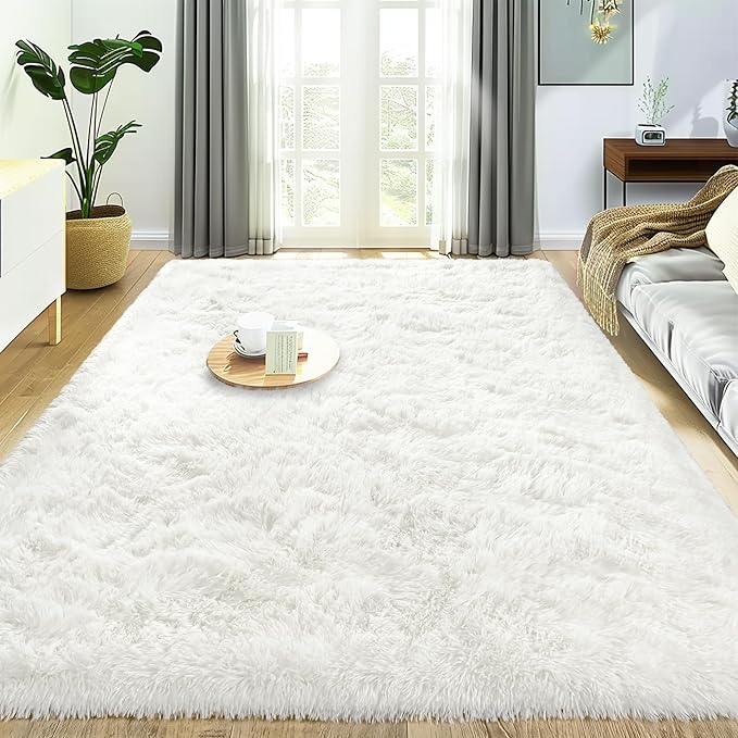 Super Fluffy Rug for Bedroom, 4x6 Shag Fuzzy Area Rug for Living Room Bedroom, Plush Soft Carpet for Girls Boys Kids, Non Slip Throw Rugs for Dorm, Modern Home Decor Aesthetic, Cream White