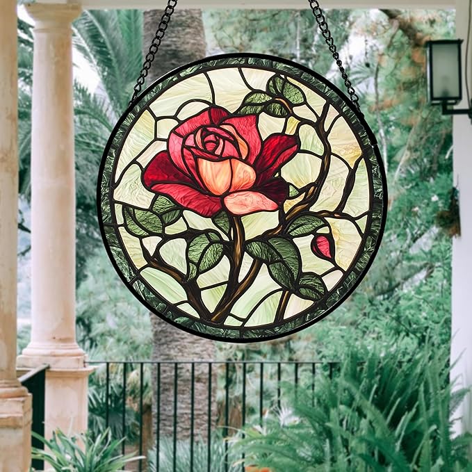 Stained Glass Window Hanging, Red Rose Flowers Sun Catcher for Door Garden Home Decor Suncatcher Christmas Mother's Day Birthday Gifts for Women Lovers Men Wife Girlfriend Mom Nana 9.8 in