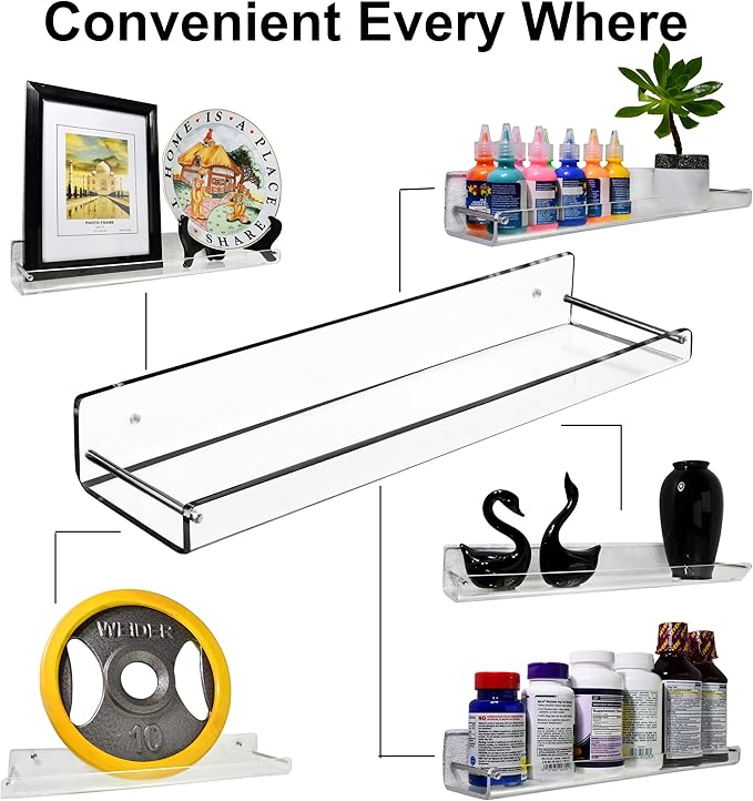 AMT 4 Pack Acrylic Floating Shelves, 15" L x 3.25" W, Clear Bathroom Wall Shelf, Bookshelves, Invisible Display for Office, Bedroom, Small Gap Allows Water to Escape, Free Screws & Drill Bit (Medium)