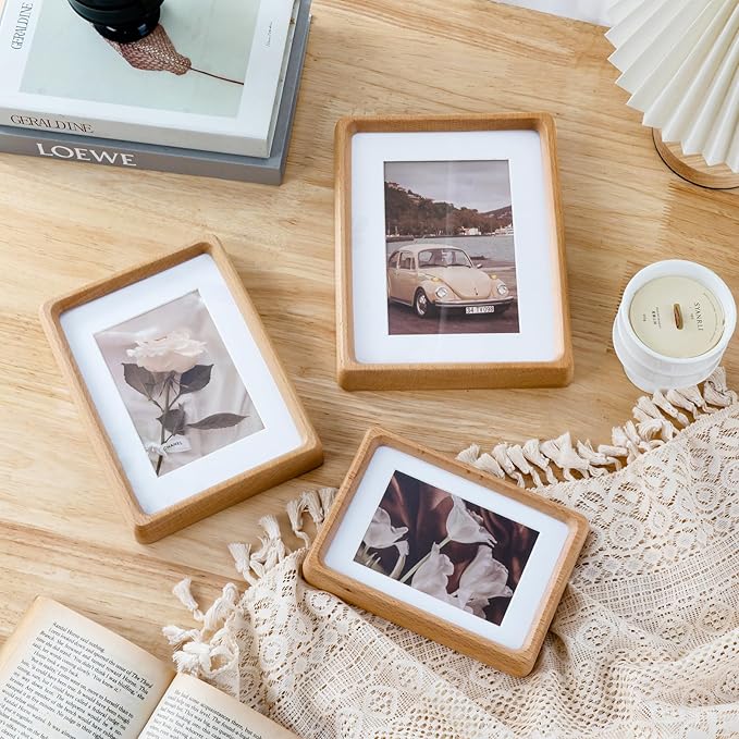 TEYCLZORE 5x7 Natural Wood Picture Frame, Handmade Beech Wood Photo Frame, Display 3.5x5 Picture with Mat or 5x7 Without Mat, Tabletop Display and Wall Hanging