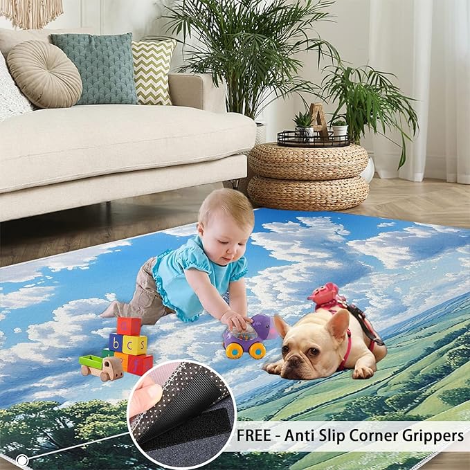Sky and Clouds 3x5 Area Rugs for Living Room -Grassland and Pasture Washable Rug Rural Landscape Non-Slip Carpet Indoor Floor Stain Resistant Thin Carpets for Bedroom Dining Room Home Office