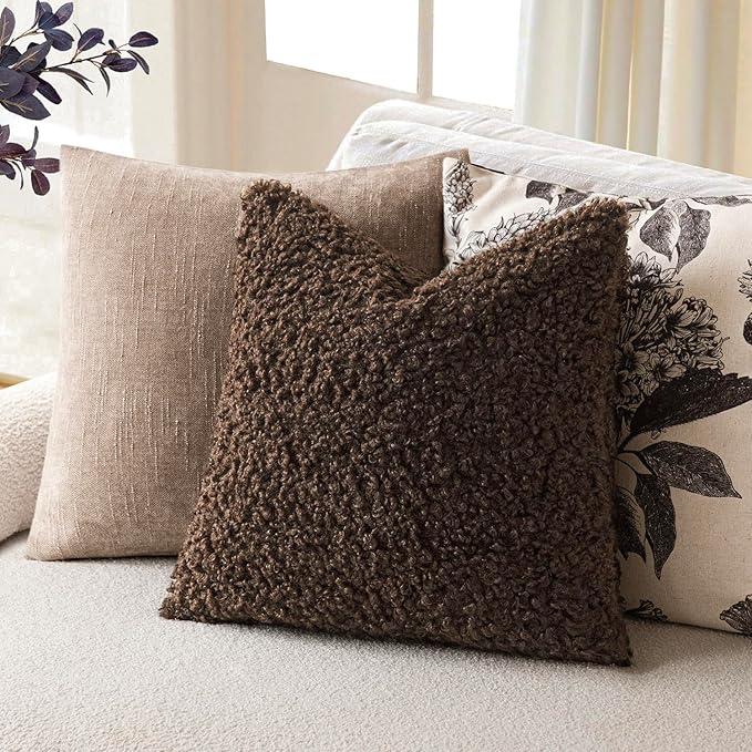 Foindtower 2 Pieces 16x16 Inch Dark Brown, Faux Fur Throw Pillow Cover Accent Sherpa Furry Pillow Covers Fuzzy Soft Pillowcases Cozy Sheepskin Decorative Fleece Cushion Case for Bed Couch Living Room
