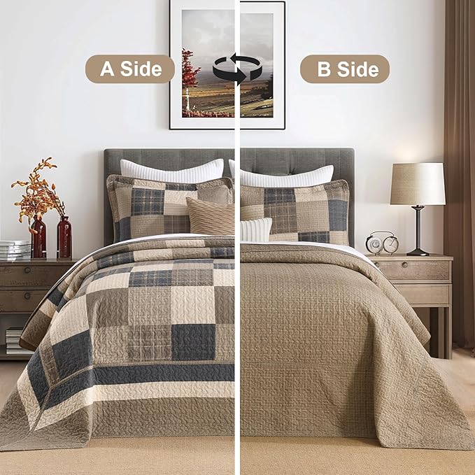 Finlonte 120"x120" Oversized King Bedspread - 100% Cotton Lightweight Quilted Bedspreads Coverlet Set, Farmhouse Plaid Bedding Reversible Oversized King Quilt with 2 Pillow Shams, Brown/Beige/Cream