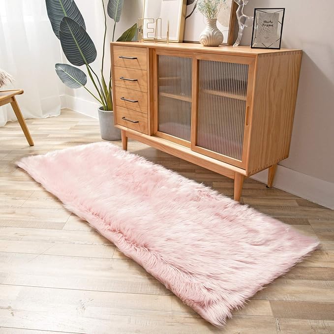 Ashler faux fur rug, Fluffy Shaggy Area Rug Ultra Soft 2.2 x 6 Feet Rectangle Fur Rug, Pink Fuzzy Rug Machine Washable Shag Rug, Nursery Decor Throw Rugs for Bedroom, kids room, Living Room