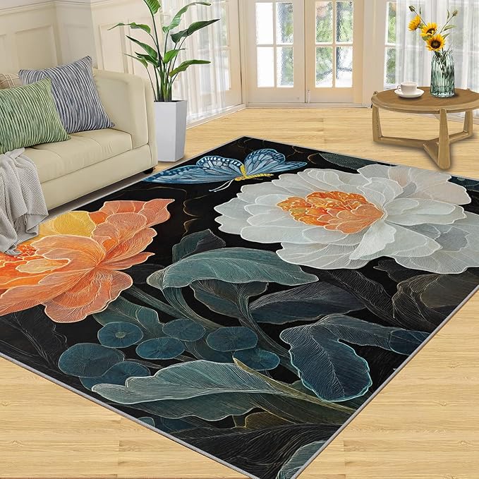 Flowers 5x8 Area Rugs for Living Room Classic Petals Washable Rug Orange-Yellow Flowers Rug Non Slip Low Pile Soft Area Rugs for Bedroom Bedside Dining Room Kids