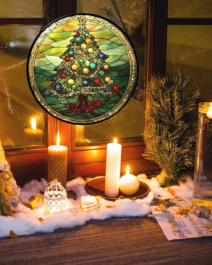 Stained Glass Window Hanging - Green Christmas Tree Gold Ribbon Suncatcher for Doors Home Christmas Decoration Sun Catcher Thanksgiving New Year Birthday Gifts for Women Men Mom Nana 9.8 in