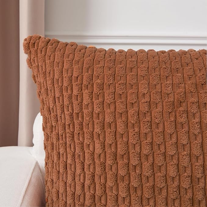 Kevin Textile Decorative Pillow Covers Set of 2 Striped Plush Corduroy Pillows Pillowcases Boho Home Decor Cushion Covers for Couch Sofa Bed Living Room 22x22 Inch, Burnt Orange
