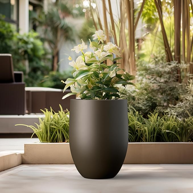 Kante Tall Concrete Planter, 21.7-Inch Height Dark Brown Large Indoor Outdoor Plant Pot with Drainage Hole for Patio Garden Home, Modern Decor for Flowers and Tree