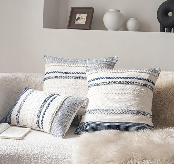 Boho Throw Pillow Covers 18x18 Inch Set of 2, Navy Blue Textured Decorative Couch Pillow Cases for Farmhouse Home Decor, Accent Cushion Cover for Sofa, Bed, Living Room, Bedroom