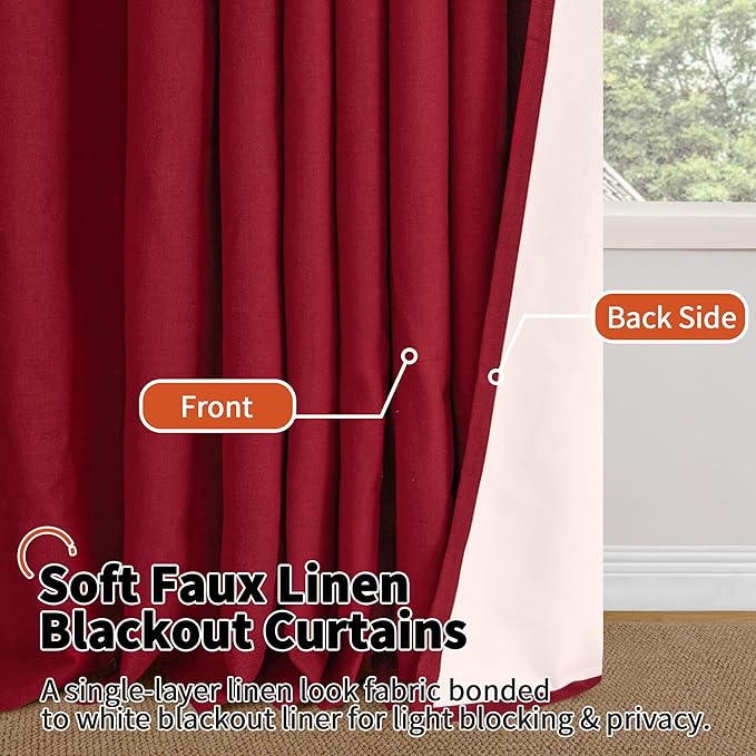 Lajode Linen Blackout Christmas Curtains - Red Thermal Insulated Curtains 90 Inch Long for Bedroom Living Room, Thick Heavy Light Blocking Energy Saving Soundproof Drapes Each 52x90 Inch 2 Panels