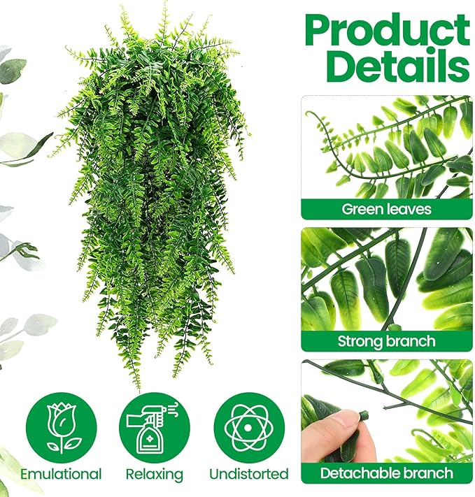 Geosar 104 Pcs Artificial Hanging Plants 32 Inch Hanging Boston Ferns Plastic Fake Plants for Wall Room Garden Wedding Garland Indoor Outdoor Decoration, No Basket
