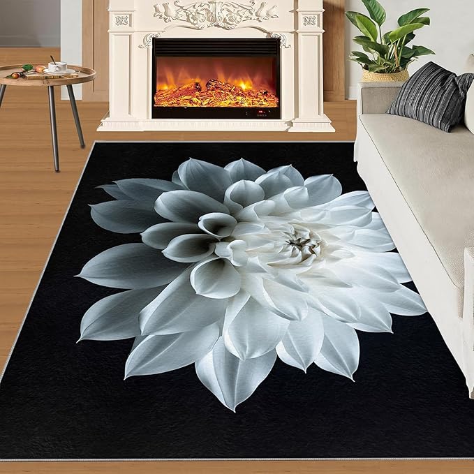 Petals Washable Area Rugs 5x8 Non-Slip Dahlia Living Room Rug White Flower Soft for Carpet Low Pile Indoor Door Mat & Room Decor