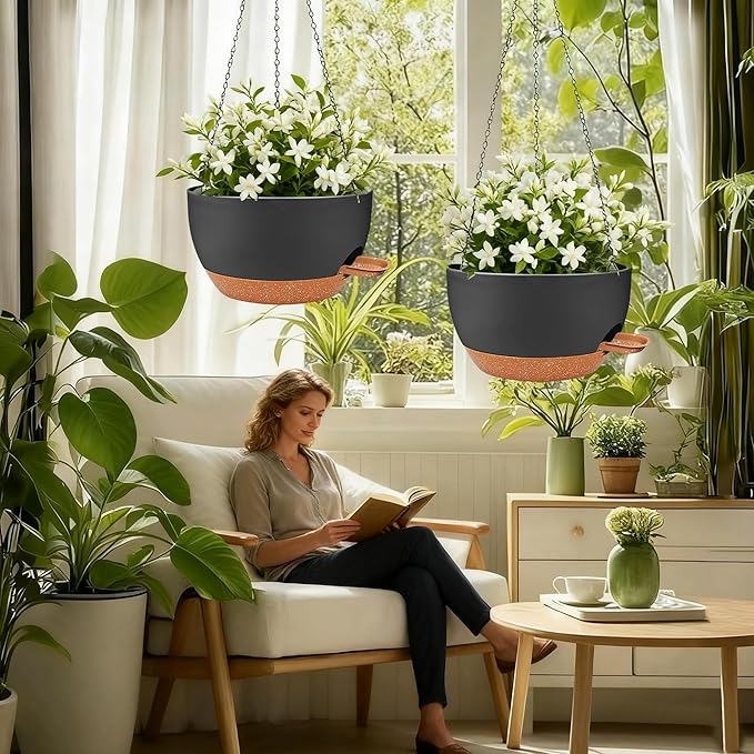 12 inch Hanging Planters for Indoor Outdoor Plants, 2 Pack Self Watering Hanging Planter with Drainage Holes and Saucer, Plastic Hanging Flower Pots with Chains for Kitchen, Balcony, Garden