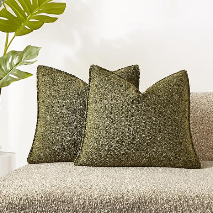 JUSPURBET Pillow Covers 20x20 Set of 2 Decorative Throw Pillow Covers Case for Couch Sofa Bed Soft Boucle Textured Cushion Covers with Hidden Zipper for Home Decor Living Room,Olive Green
