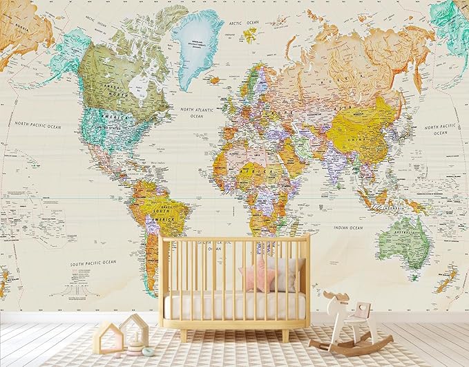 World Map Wallpaper Kids Wallpaper Mural for Nursery（Not Peel and Stick）