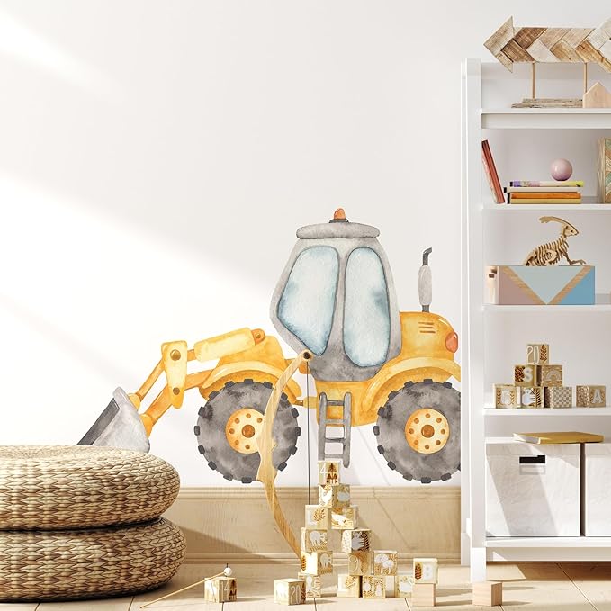 Construction Front End Loader Wall Decal for Boys Room, Tractor Peel Stick Removable Fabric Construction Truck Wall Sticker, Nursery or Playroom Decor, Repositionable (12 inch: 7" Tall x 12" Wide)