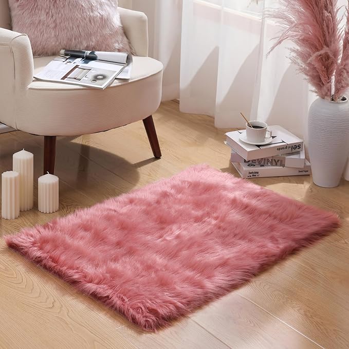 Ashler Faux Fur Rug: Ultra Soft, Fluffy Shaggy 2 x 3 Feet Rectangle, Blush Pink Fuzzy, Machine Washable, Nursery Decor for Bedroom & Living Room