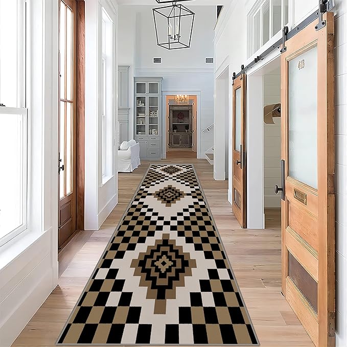 Retro Moroccan Farmhouse Decor Rug Runners for Hallways, 2x8ft, Black Linen Checkered Entryway Carpet, Rubber Backed Low Pile Easy Clean Carpets, Durable Reduce Noise Rugs for Floor