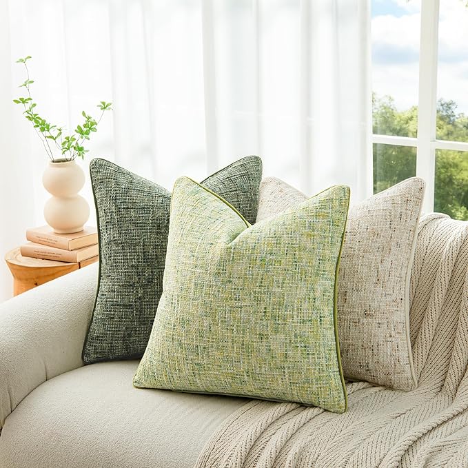 a moment Green Reversible Pillow Covers 2 Pack - Farmhouse Chenille Throw Pillows, Neutral Textured Decorative Throw Pillow Covers with Border for Couch Sofa Bed (18x18 Inch, No Insert)