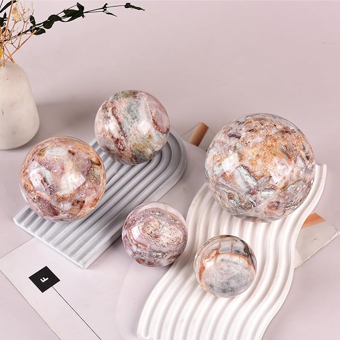 JIC Gem Striped Agate Crystal Ball with Wooden Stand Healing Crystal Sphere Ball for Feng Shui Decor Spiritual Gifts 60-70mm