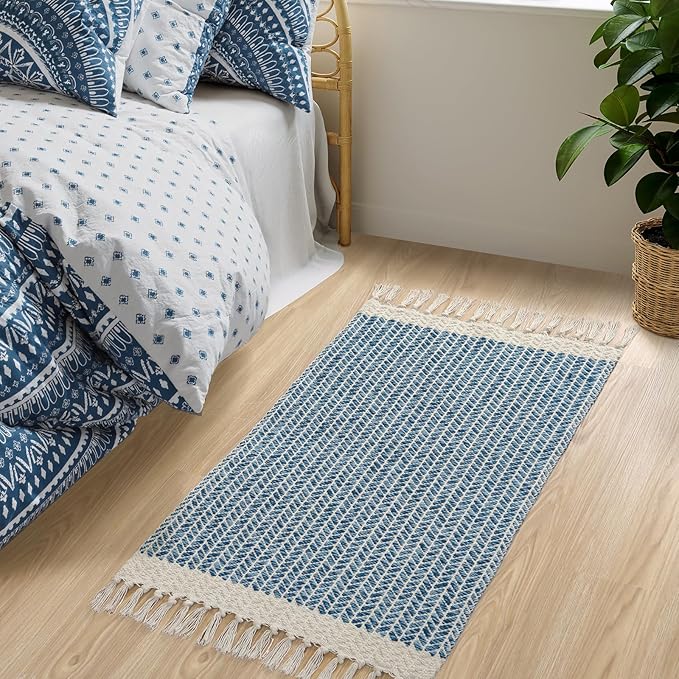 Lahome Boho Bathroom Rugs, Small 2x3 Front Door Bath Mats Lightweight Entryway Rug Woven Cotton Area Rug with Tassels, Farmhouse Blue Throw Rug Washable Low Pile Carpet for Kitchen