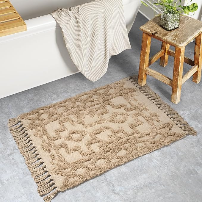 Uphome Boho Bathroom Rug 2' x 3', Small Farmhouse Kitchen Rugs with Tassels, Khaki Washable Front Door Mat, Cotton Woven Moroccan Tufted Throw Rug for Bedroom Entryway Laundry Living Room