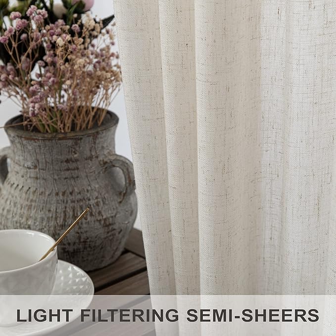 Pitalk Ivory Cream Curtains 86 Inches Long for Living Room 2 Panel Set Back Tab Pocket Light Filtering Semi Sheer Linen Pleat Curtains Rustic Farmhouse Boho Decor Cotton Textured Gauze Drapes 52 x 86