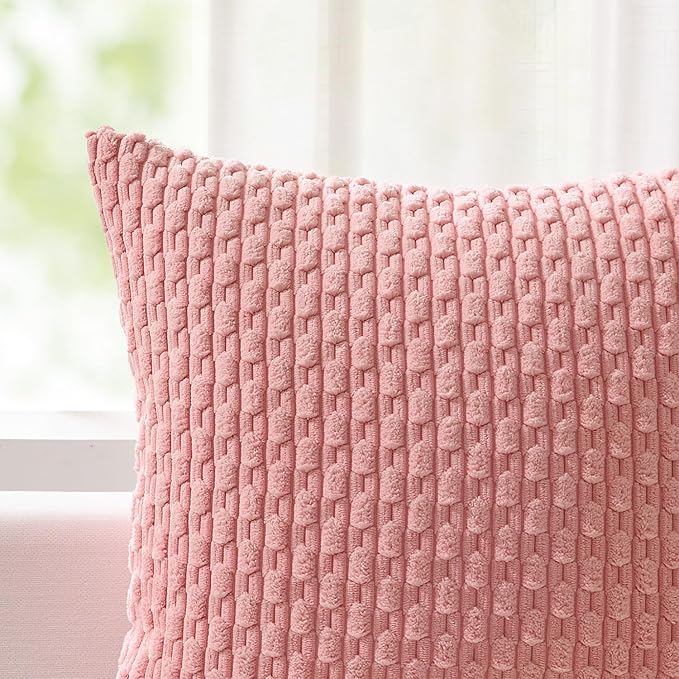 Kevin Textile Valentines Day Decorative Pillow Covers Set of 2 Striped Plush Corduroy Pillows Pillowcases Boho Home Decor Cushion Covers for Couch Sofa Bed Living Room 20x20 Inch, Dark Pink