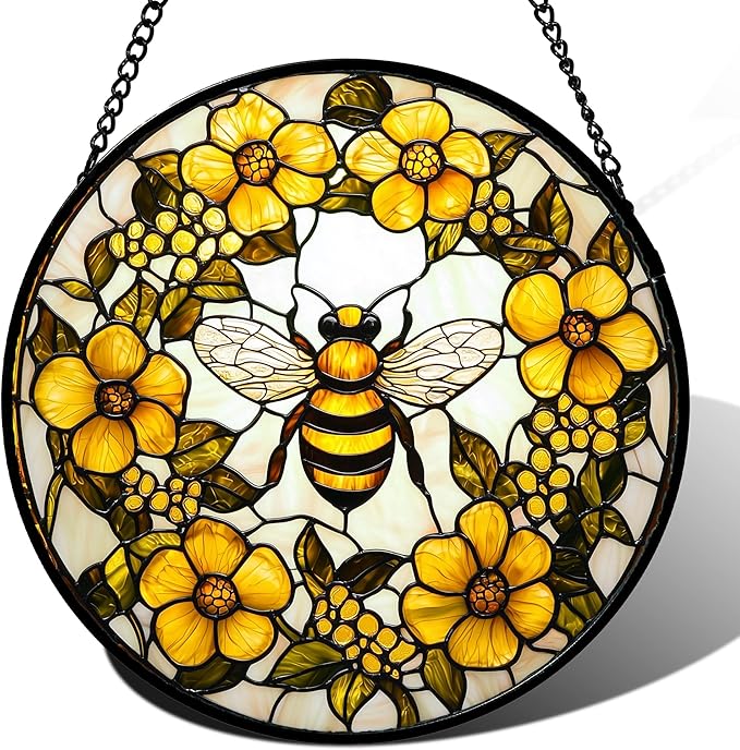 Stained Glass Window Hanging - Yellow Flowers Surrounded by Bees Sun Catcher for Door Garden Home Decor Cute Suncatcher Christmas Mother's Day Birthday Gifts for Women Men Mom Nana 9.8 in