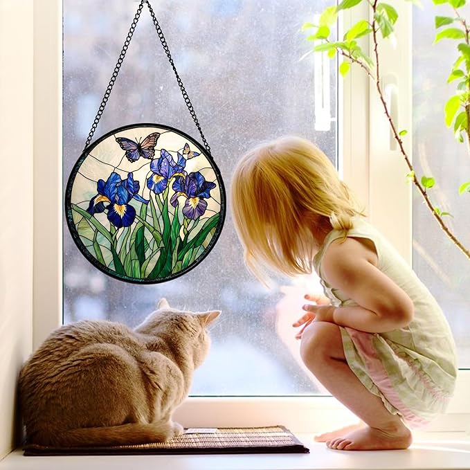 DASTOLL Stained Glass Window Hanging, Blue Purple Butterfly Flower Suncatcher Diamond Colorful Glass Panel Sun Catchers Decor for Birthday for Women, Men, Wife, Aunt, and Mom 6.3 in