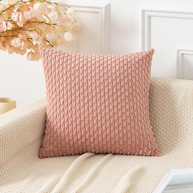 Kevin Textile Throw Pillow Covers Soft Corduroy Decorative Set of 2 Valentines Day Boho Striped Pillow Covers Pillowcases Farmhouse Home Decor for Couch Bed Sofa Living Room 16x16 Inch Baby Pink
