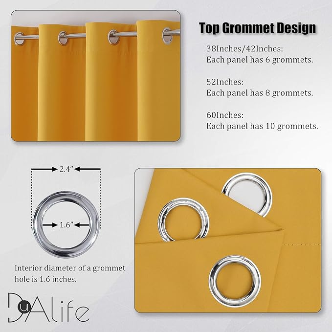 DUALIFE Gold Yellow Curtains 72 Inches Long-Blackout Curtain Panels for Bedroom Room Darkening Gold Solid Window Drapes for Living Room Thermal Insulated Grommet Top 42Wx72L,2 Panels